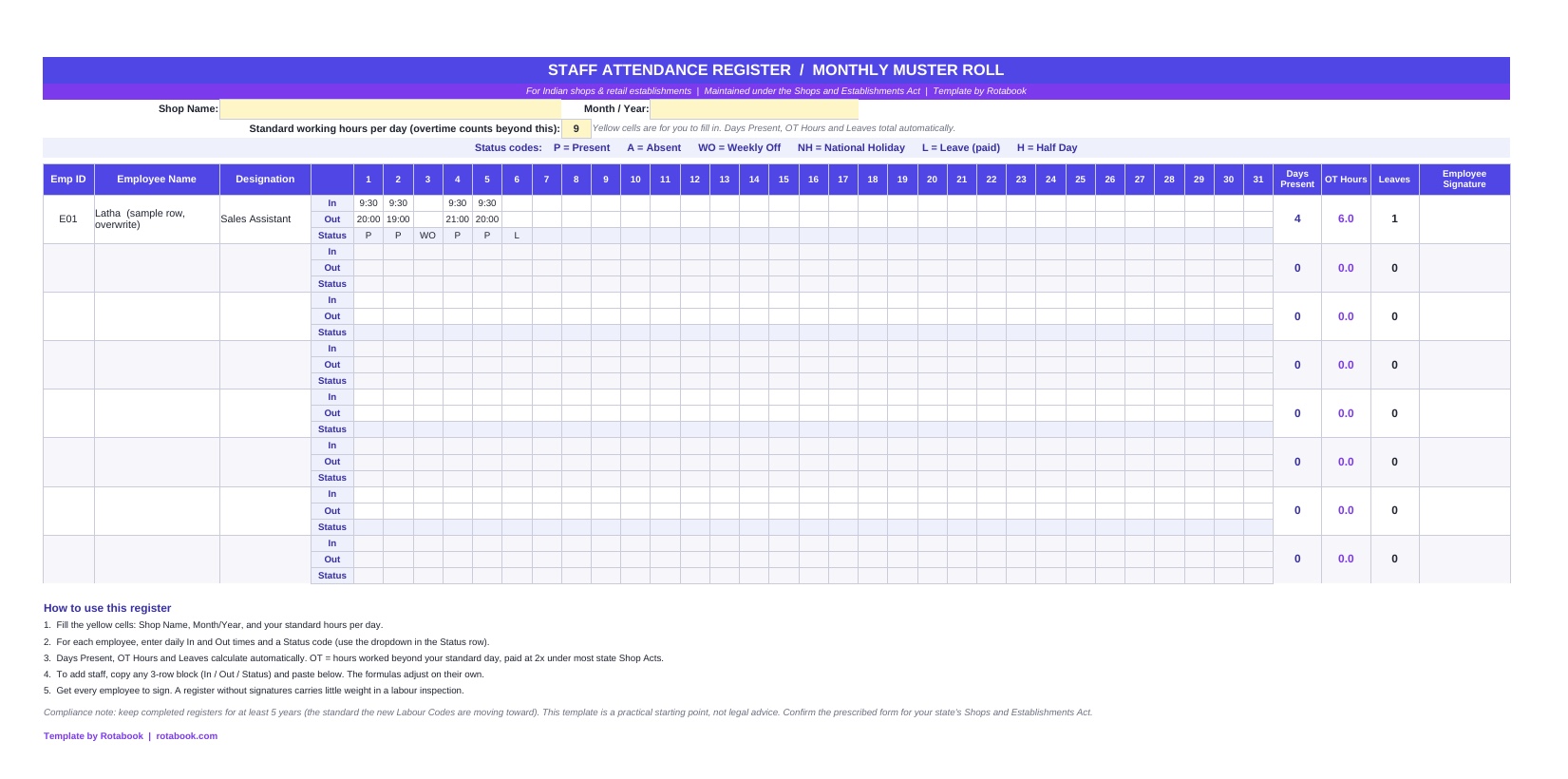 Free staff attendance register format for shops in India, an Excel template showing the shop name and month header, employee ID, name and designation columns, the daily 1–31 in/out/status grid, and automatic Days Present, Overtime and Leaves totals