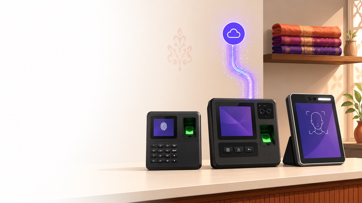 Three biometric attendance machines on an Indian shop counter — fingerprint, multi-modal, and face — syncing to the cloud.
