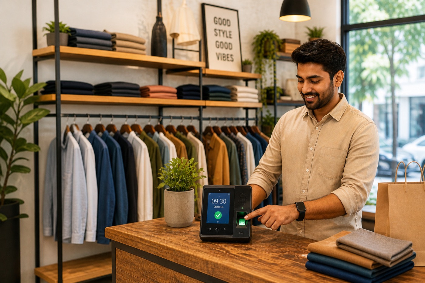 Indian shop owner using a biometric attendance device on the apparel-store counter