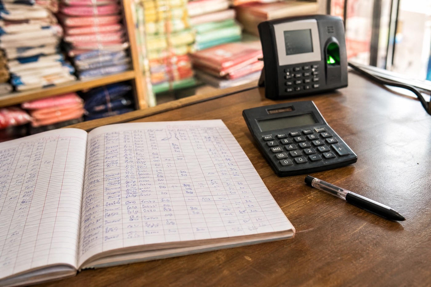 Attendance ledger and calculator on a small-shop office desk