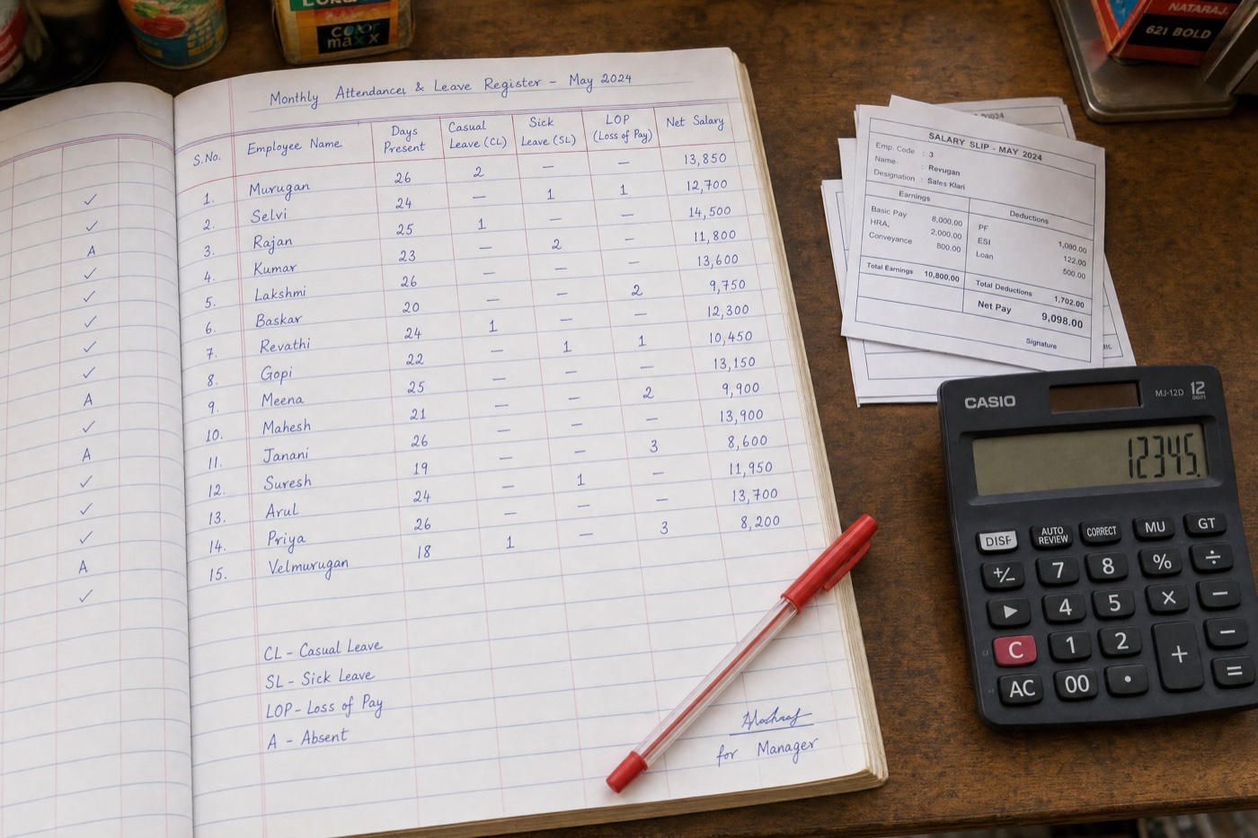 A handwritten monthly attendance and leave register for an Indian shop, with columns for days present, casual leave (CL), sick leave (SL), LOP and net salary for each employee, a calculator and salary slips beside it