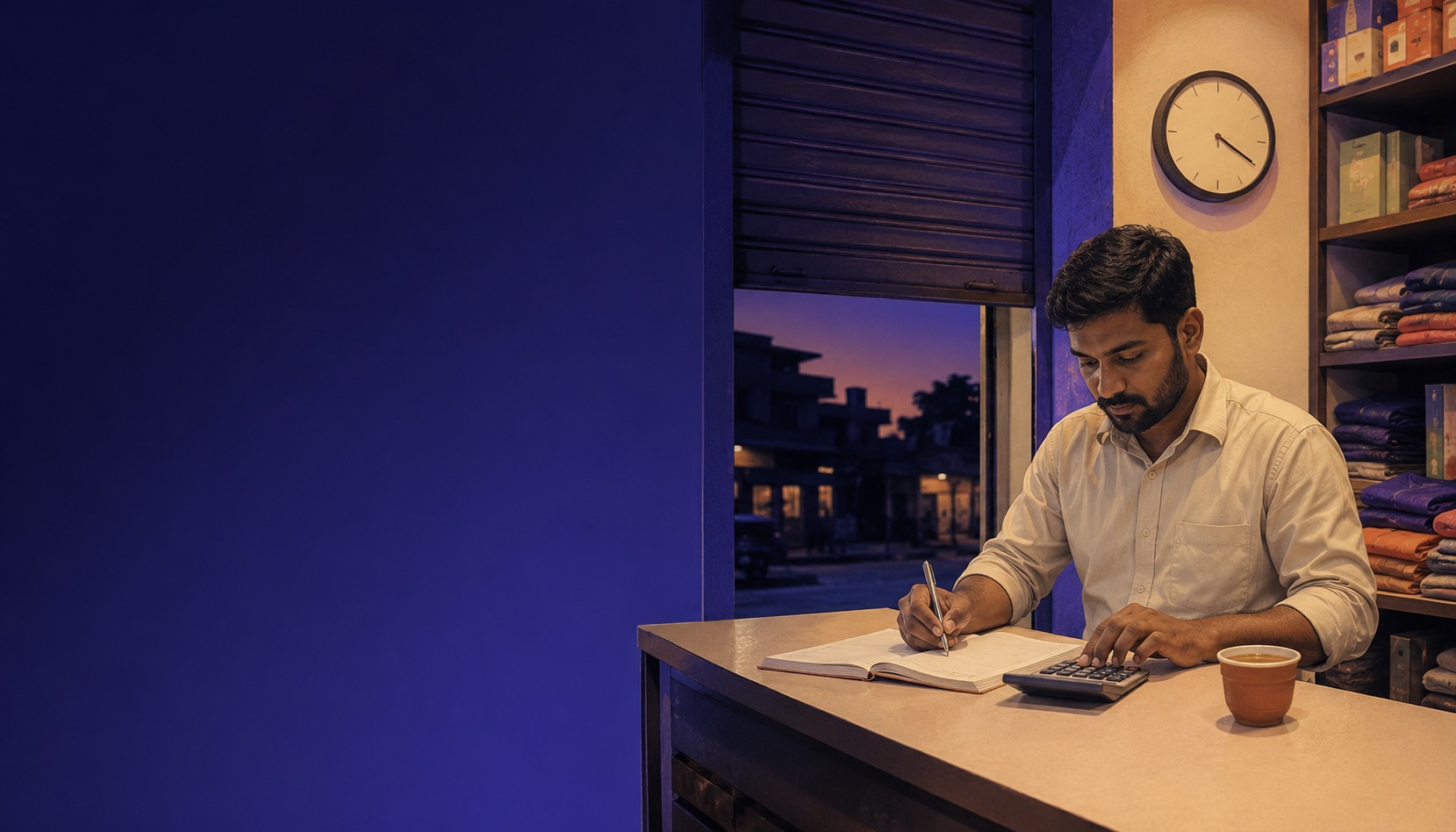 Indian shop owner at a wooden counter calculating staff overtime pay with a calculator and ledger book, evening light