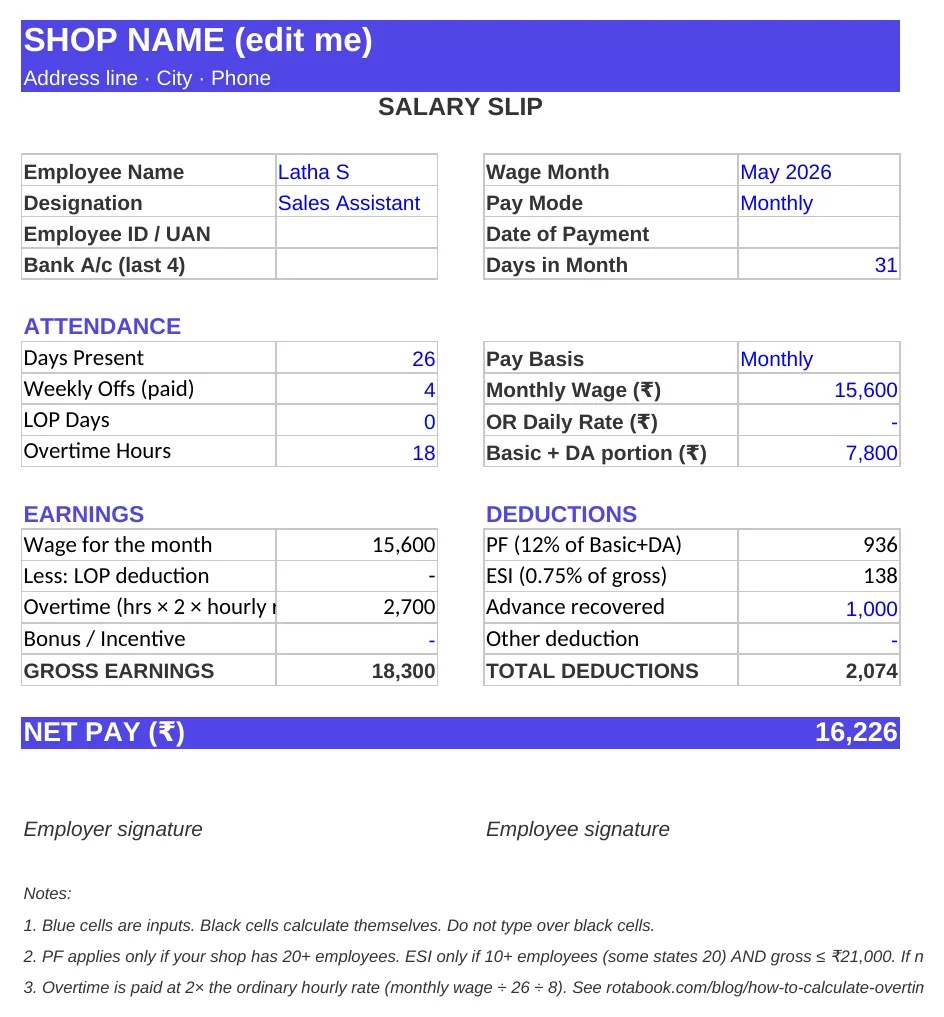 Free salary slip format for shop employees in Excel, showing days present, overtime, ESI, PF and net pay for a sample employee