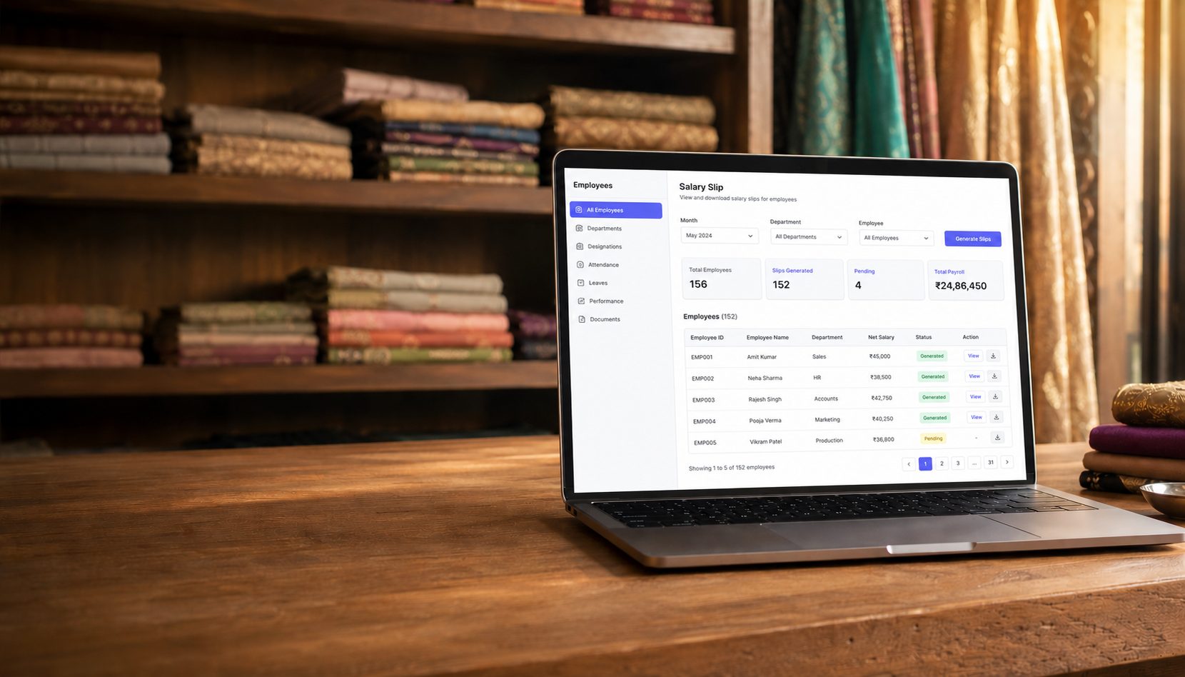 A laptop on a wooden shop counter displaying Rotabook's payroll screen, with folded textiles on shelves softly blurred in warm light
