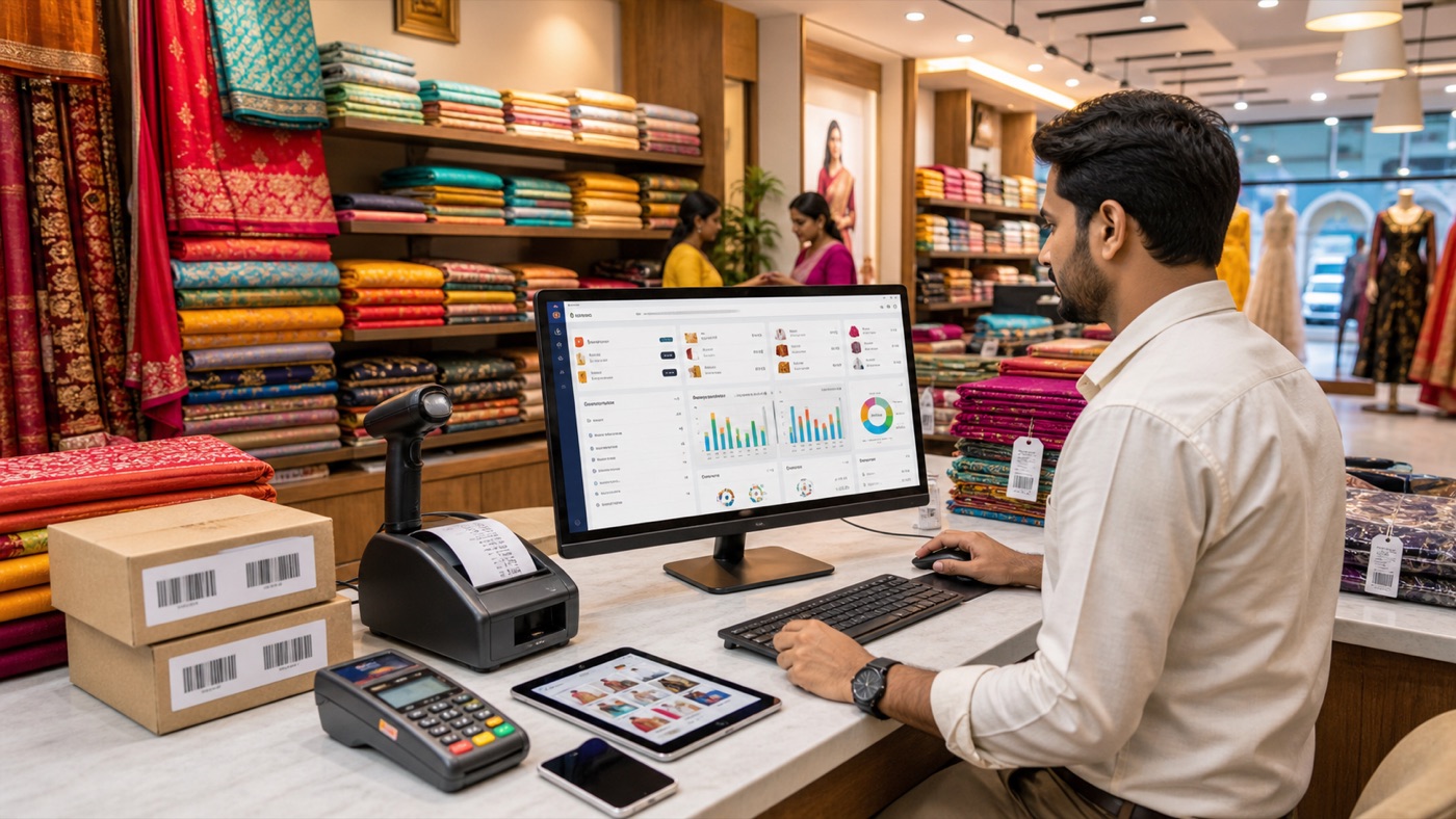 Indian textile shop owner at the counter using management software on a desktop, with sarees and fabric on the back wall